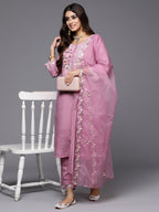 Indo Era Lavender Embroidered Straight Kurta Trousers With Dupatta Set | Grocsy