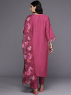 Indo Era Pink Embroidered A-Line Kurta Trousers With Dupatta Set | Grocsy