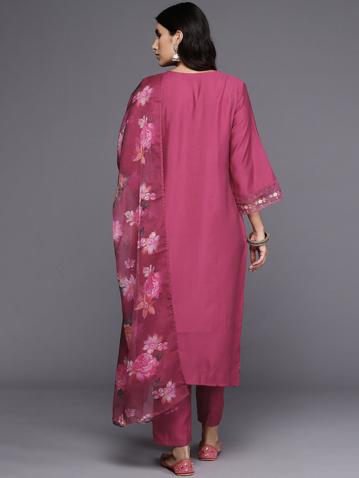 Indo Era Pink Embroidered A-Line Kurta Trousers With Dupatta Set | Grocsy