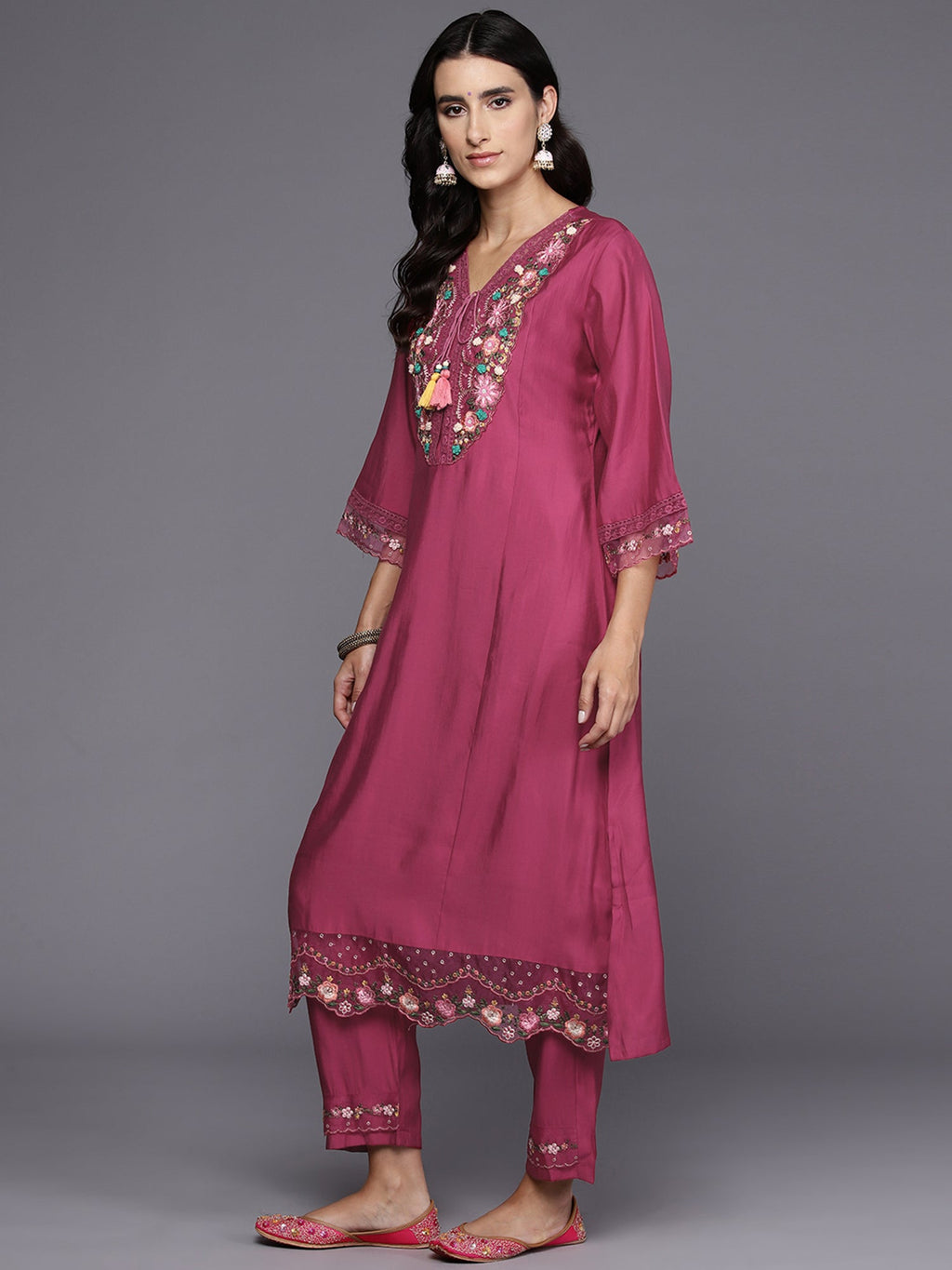 Indo Era Pink Embroidered A-Line Kurta Trousers With Dupatta Set | Grocsy