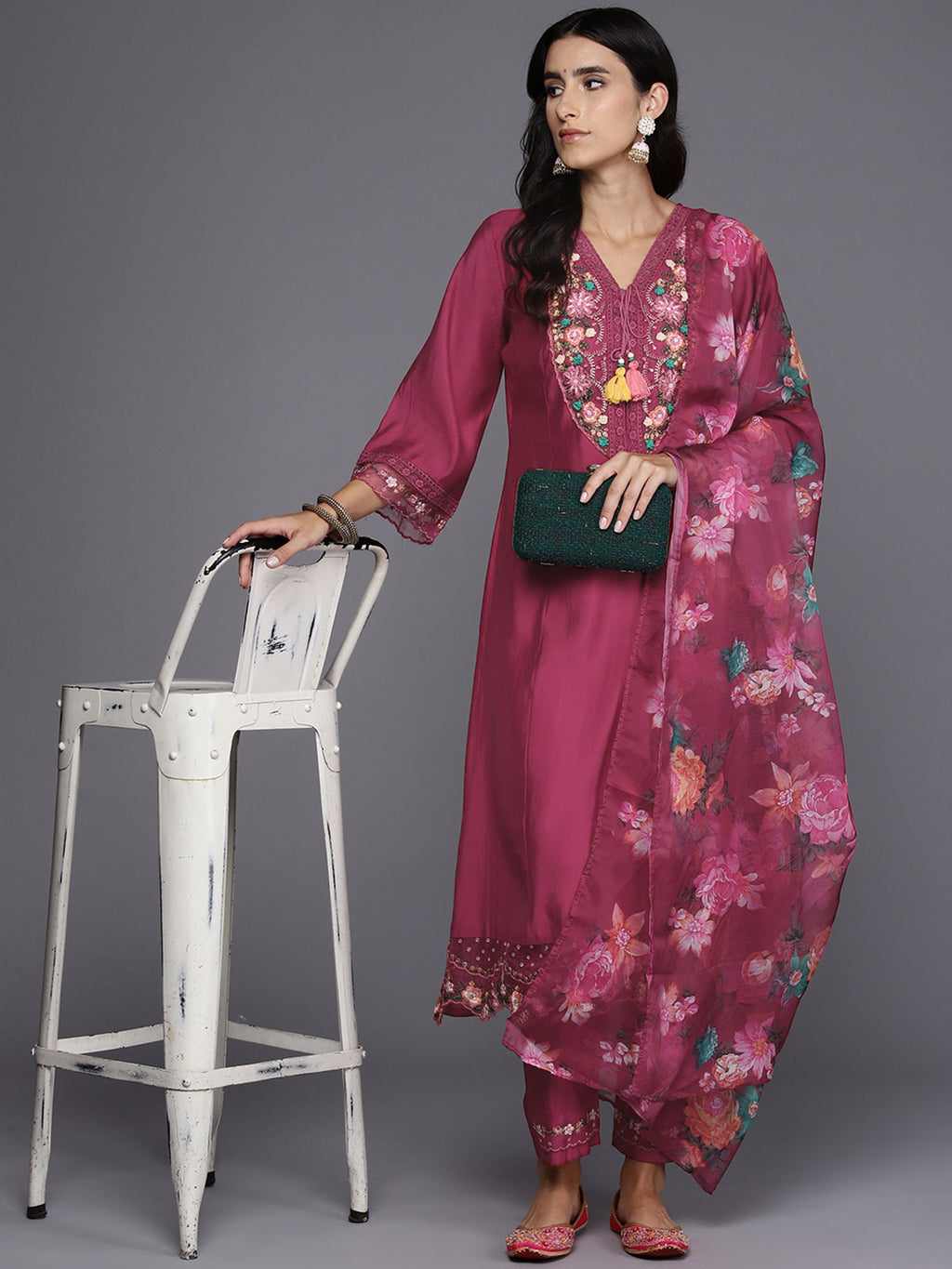 Indo Era Pink Embroidered A-Line Kurta Trousers With Dupatta Set | Grocsy