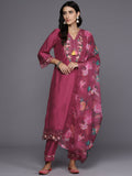 Indo Era Pink Embroidered A-Line Kurta Trousers With Dupatta Set | Grocsy