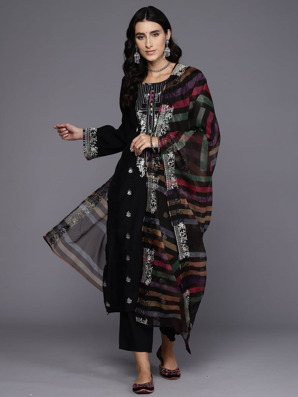 Indo Era Black Embroidered Straight Kurta Trousers With Dupatta Set | Grocsy