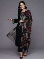 Indo Era Black Embroidered Straight Kurta Trousers With Dupatta Set | Grocsy