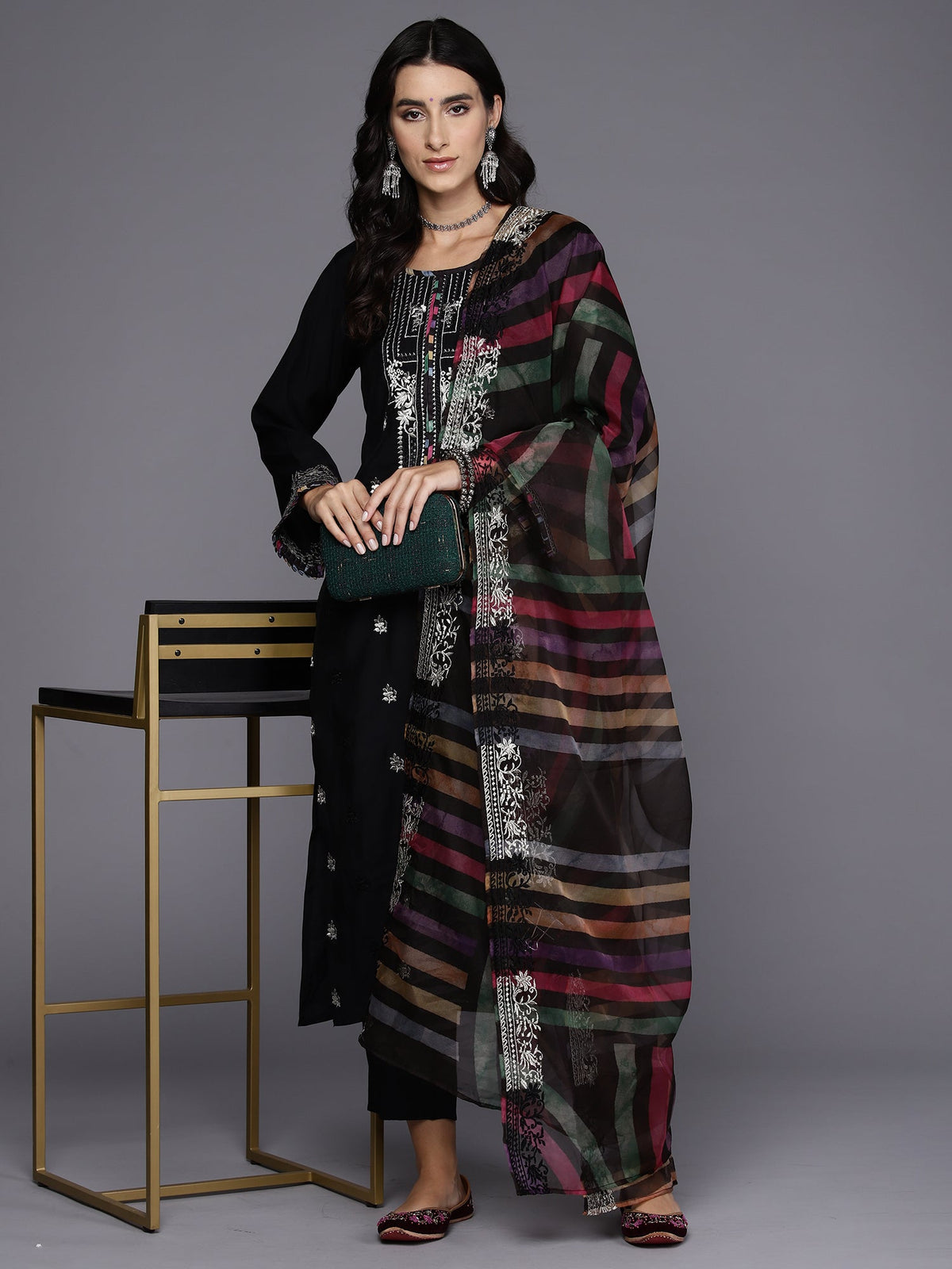 Indo Era Black Embroidered Straight Kurta Trousers With Dupatta Set | Grocsy