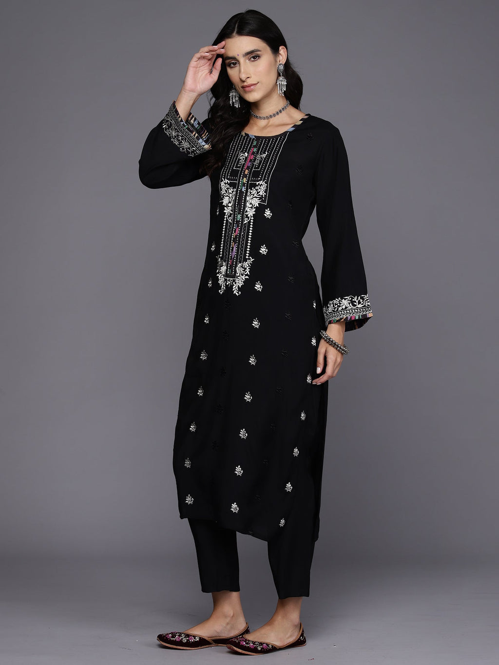 Indo Era Black Embroidered Straight Kurta Trousers With Dupatta Set | Grocsy