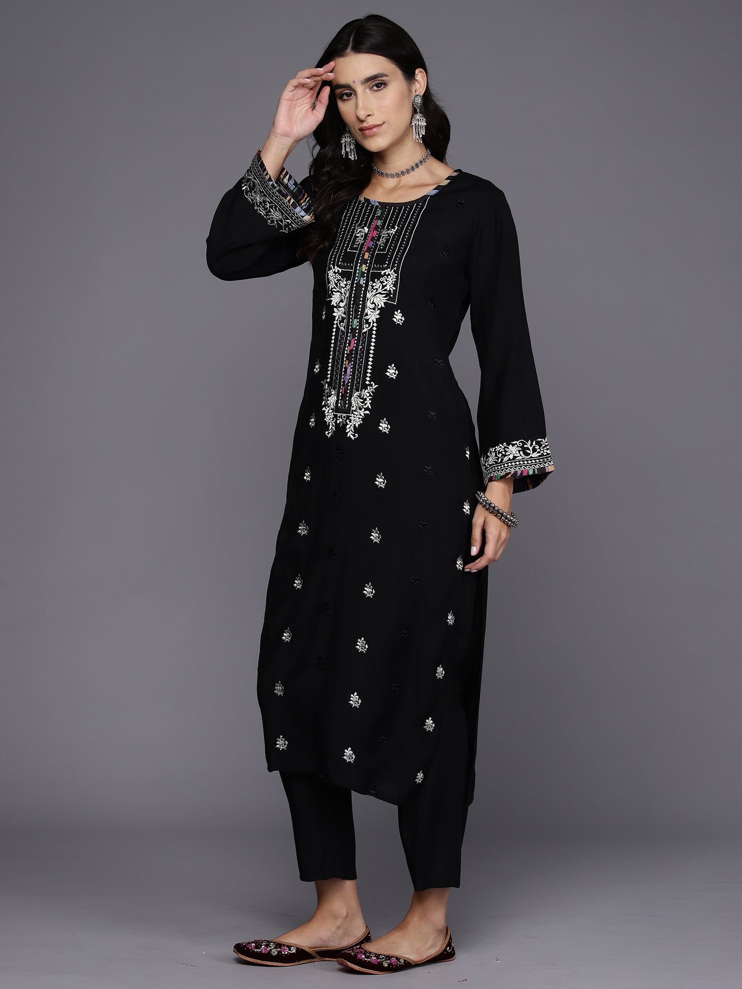 Indo Era Black Embroidered Straight Kurta Trousers With Dupatta Set | Grocsy