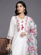 Indo Era White Embroidered A-Line Kurta Trousers With Dupatta Set | Grocsy