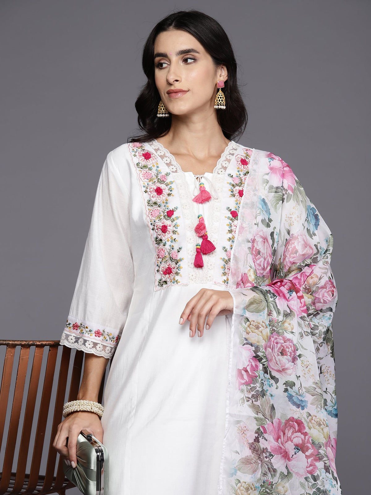 Indo Era White Embroidered A-Line Kurta Trousers With Dupatta Set | Grocsy