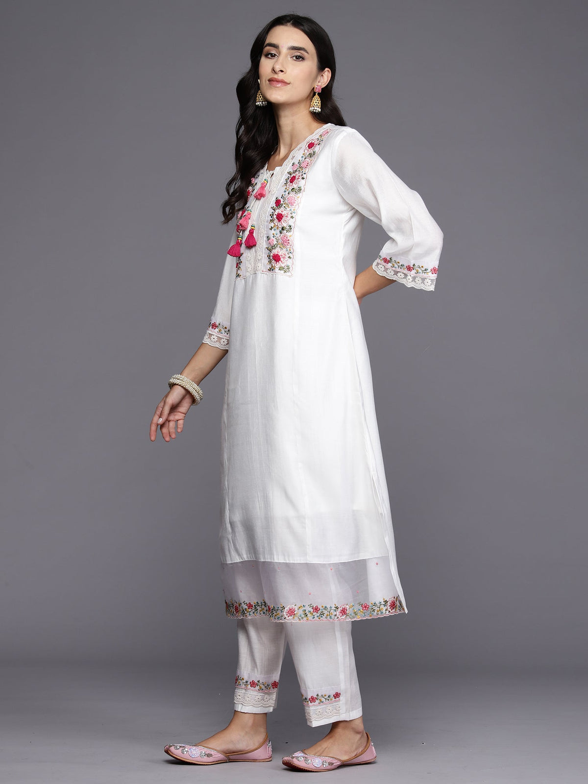 Indo Era White Embroidered A-Line Kurta Trousers With Dupatta Set | Grocsy