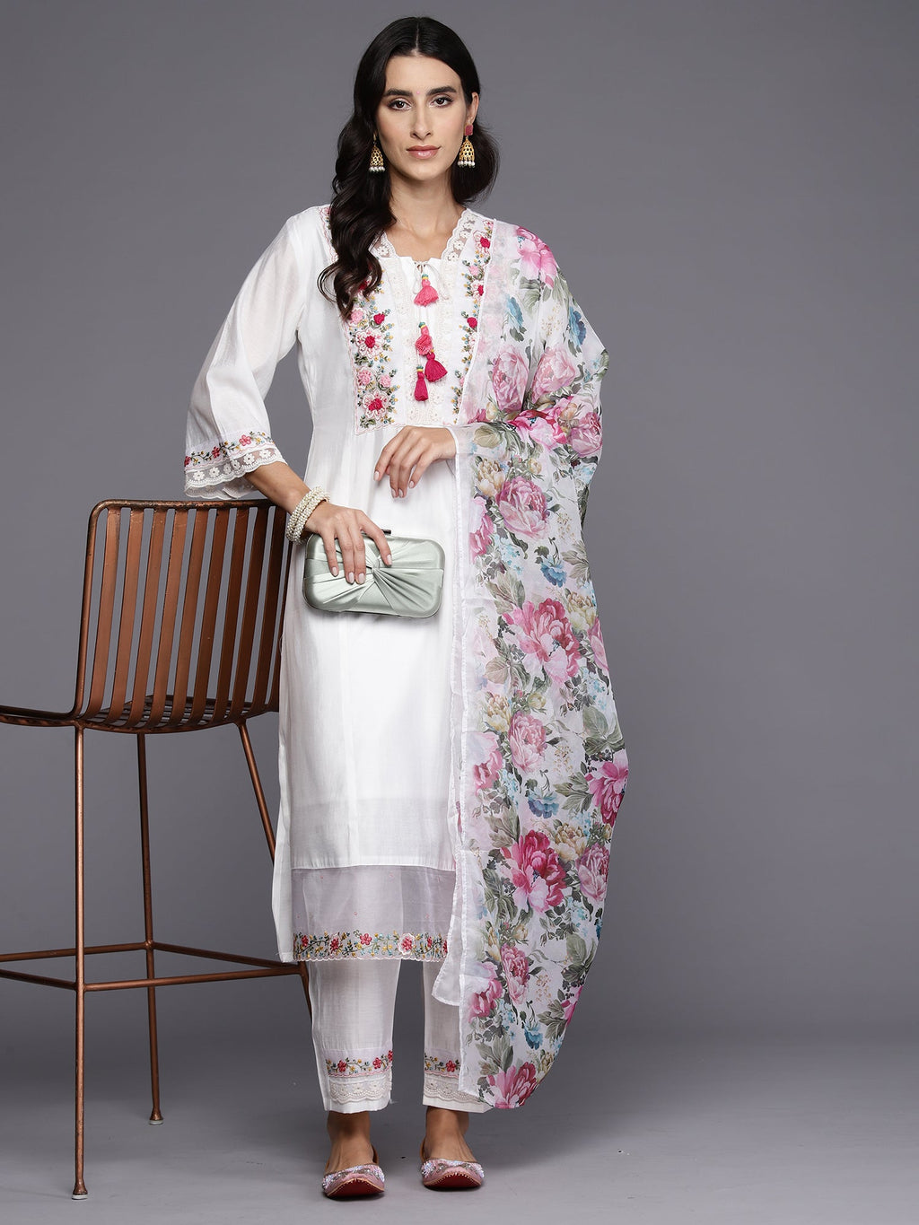 Indo Era White Embroidered A-Line Kurta Trousers With Dupatta Set | Grocsy