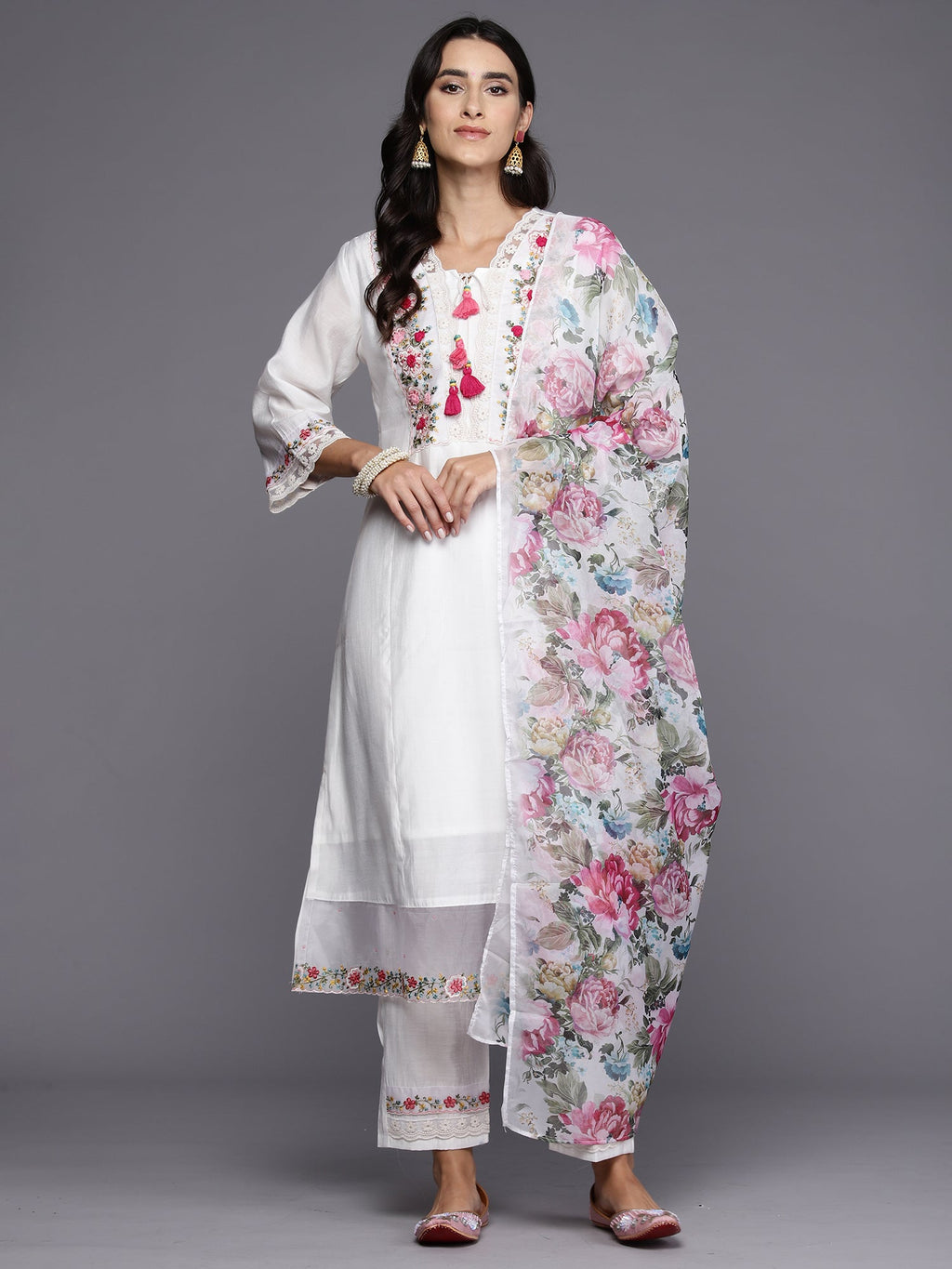 Indo Era White Embroidered A-Line Kurta Trousers With Dupatta Set | Grocsy