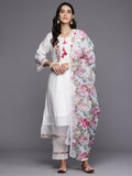 Indo Era White Embroidered A-Line Kurta Trousers With Dupatta Set | Grocsy