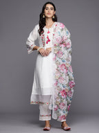 Indo Era White Embroidered A-Line Kurta Trousers With Dupatta Set | Grocsy