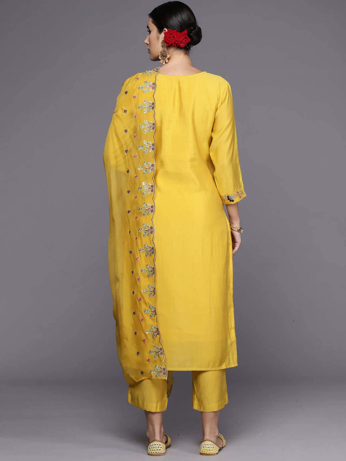 Indo Era Yellow Embroidered Straight Kurta Trousers With Dupatta Set | Grocsy