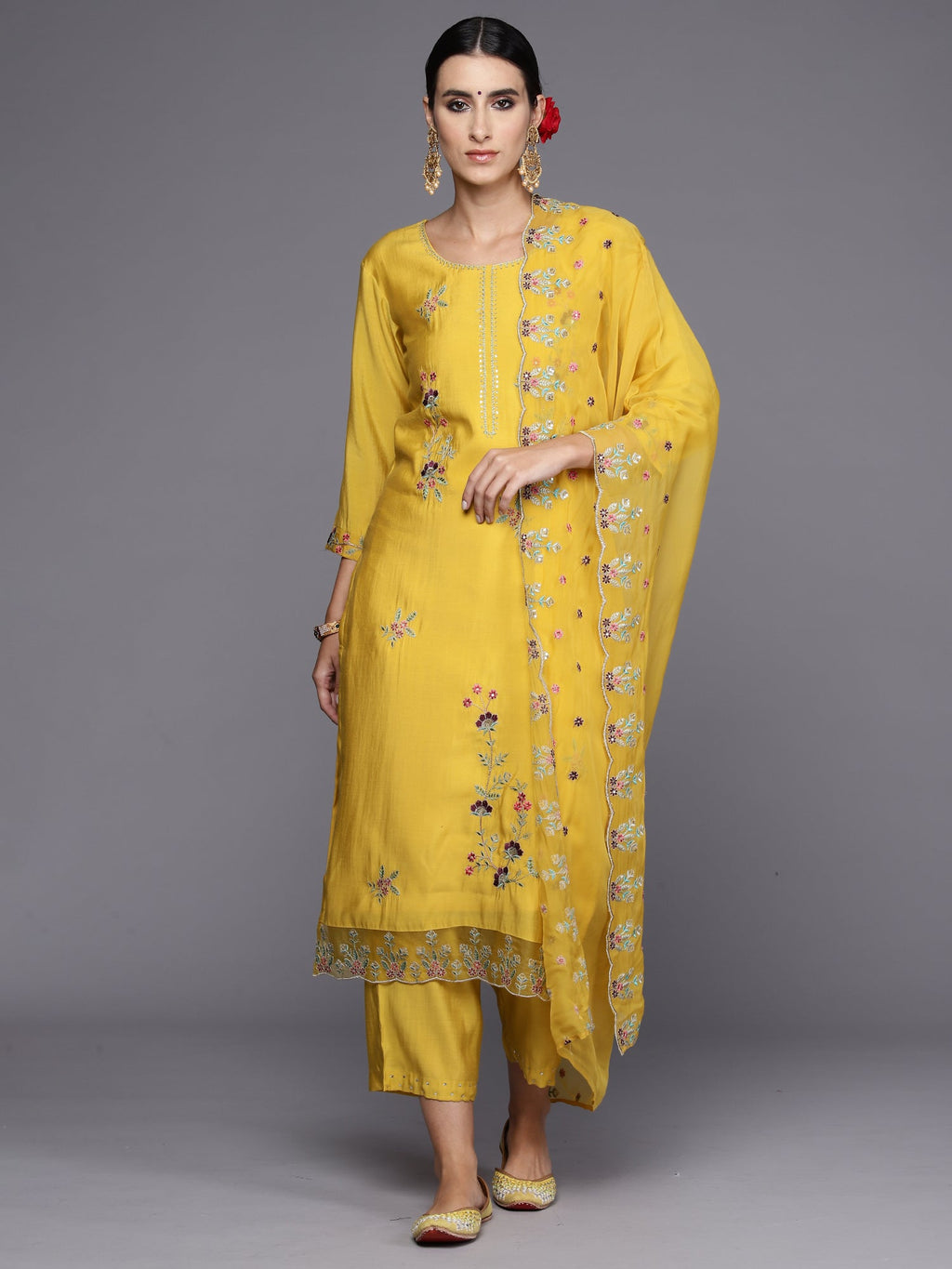 Indo Era Yellow Embroidered Straight Kurta Trousers With Dupatta Set | Grocsy