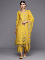 Indo Era Yellow Embroidered Straight Kurta Trousers With Dupatta Set | Grocsy