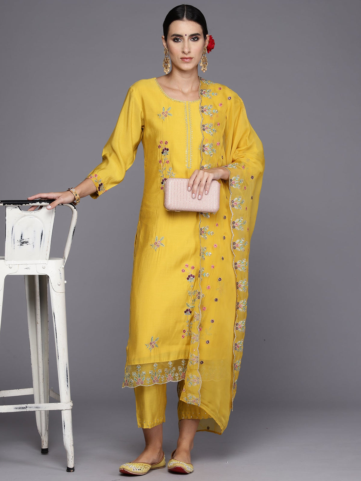 Indo Era Yellow Embroidered Straight Kurta Trousers With Dupatta Set | Grocsy