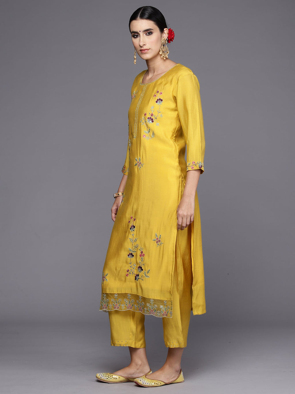 Indo Era Yellow Embroidered Straight Kurta Trousers With Dupatta Set | Grocsy