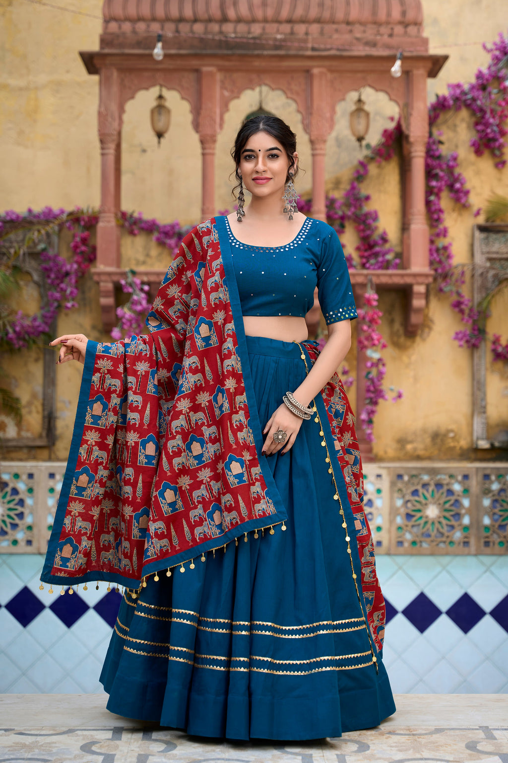 Lorenvalley Firozi Pure Cotton Plain With Gota Patti Touch Up Lehenga Choli | Grocsy