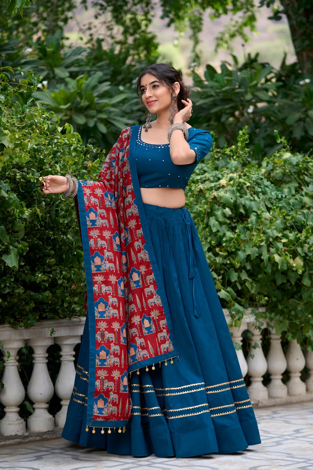Lorenvalley Firozi Pure Cotton Plain With Gota Patti Touch Up Lehenga Choli | Grocsy