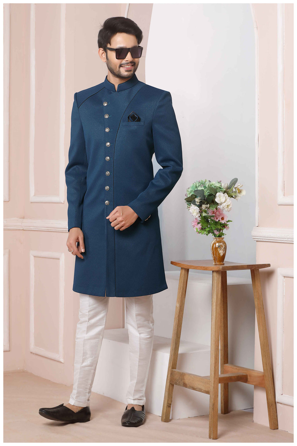 Raivat Ethnic Jacquard Silk Thread Work Indo Western In Blue Colour | Grocsy