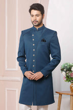 Raivat Ethnic Jacquard Silk Thread Work Indo Western In Blue Colour | Grocsy