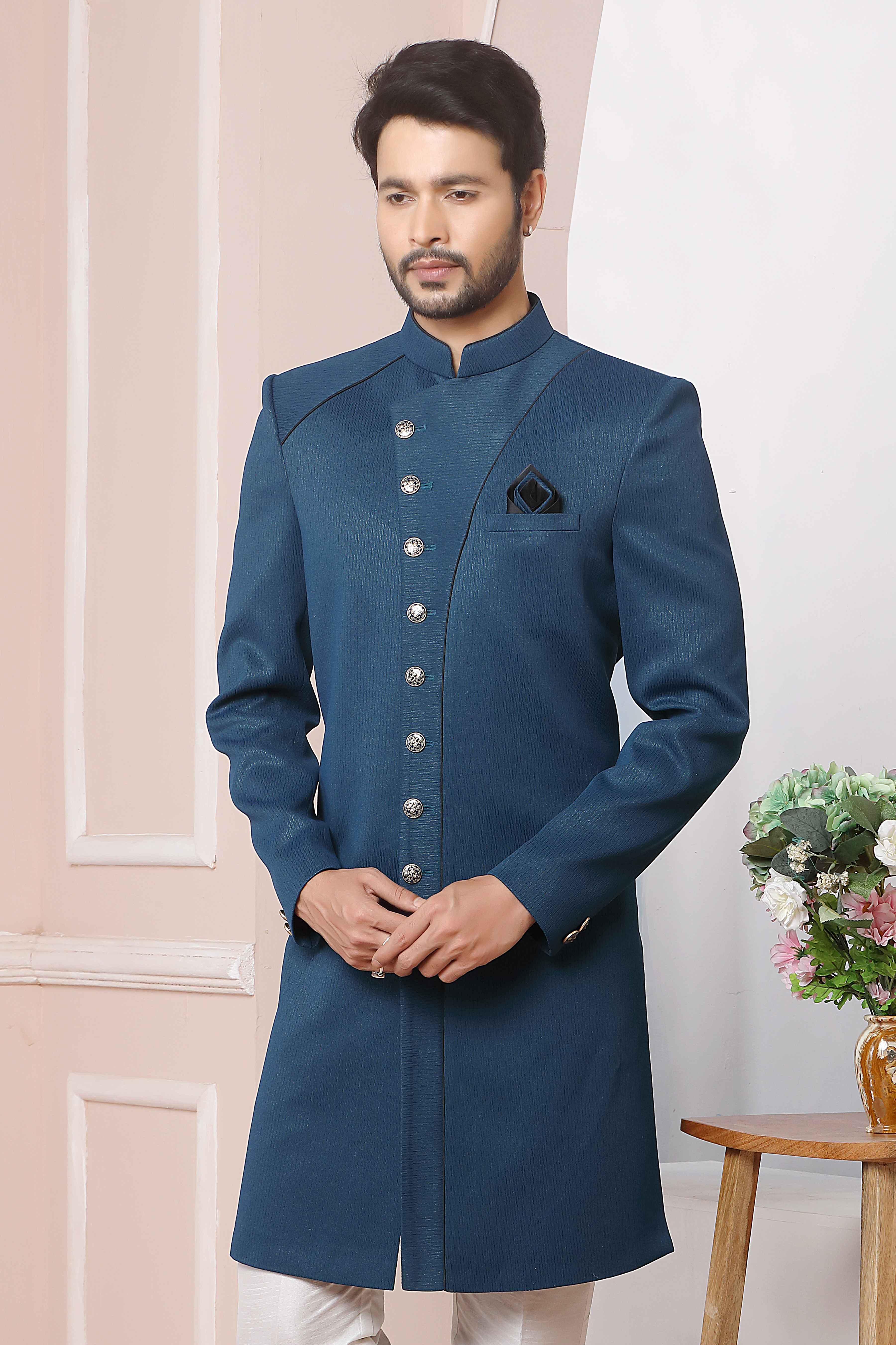 Raivat Ethnic Jacquard Silk Thread Work Indo Western In Blue Colour | Grocsy