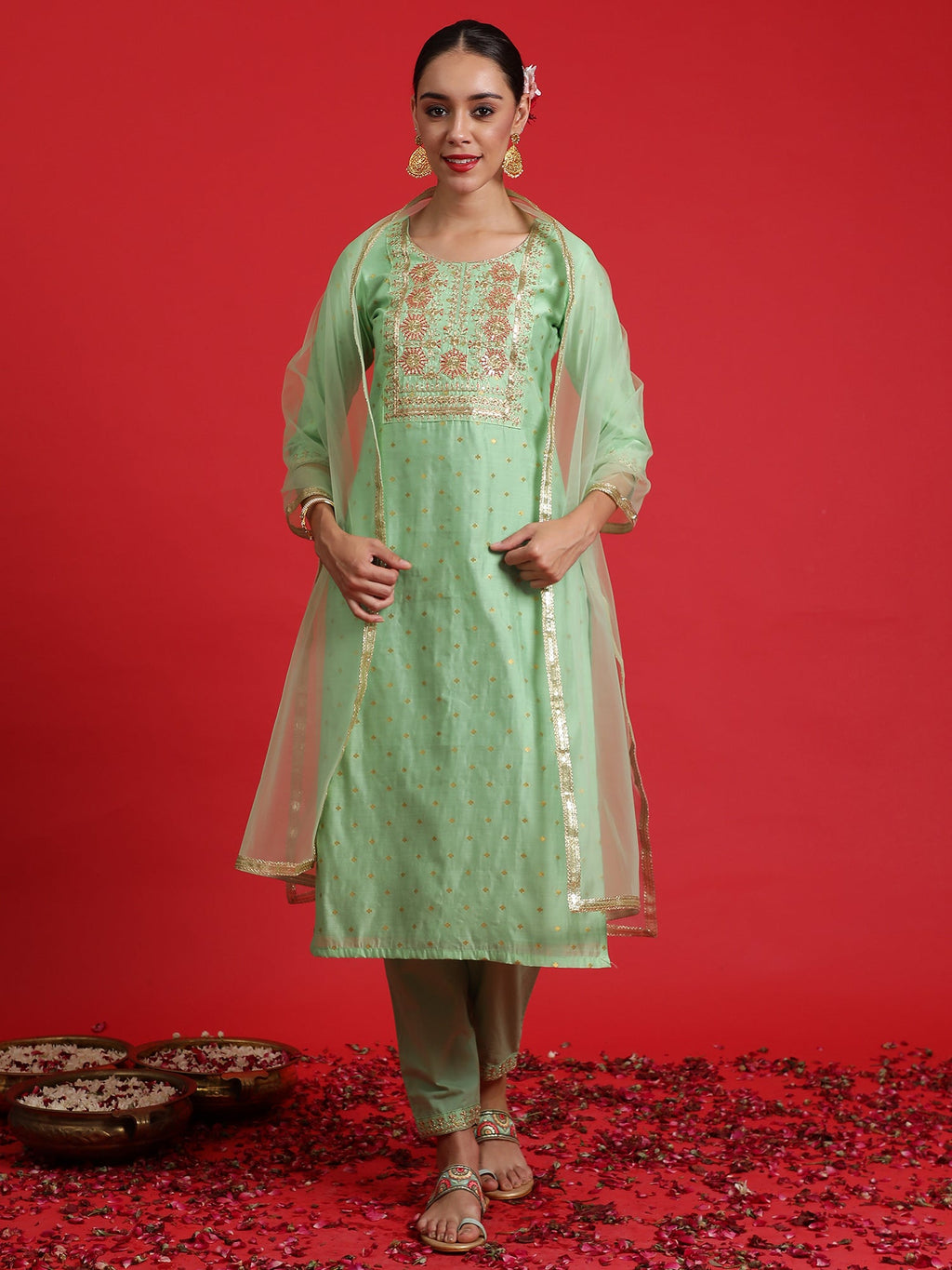 Indo Era Green Embroidered Straight Kurta Trousers With Dupatta Set | Grocsy