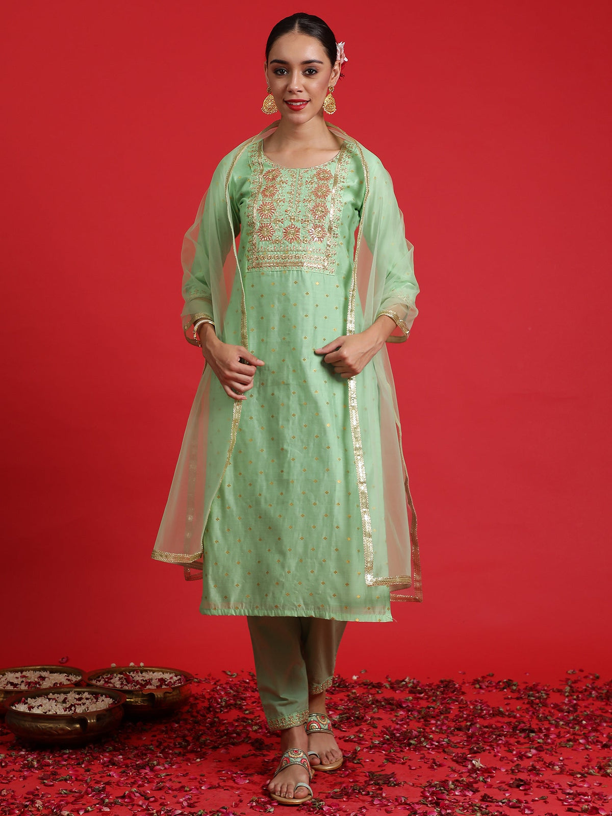 Indo Era Green Embroidered Straight Kurta Trousers With Dupatta Set | Grocsy