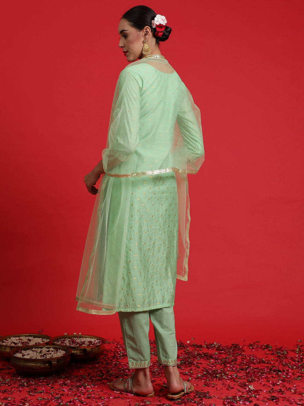 Indo Era Green Embroidered Straight Kurta Trousers With Dupatta Set | Grocsy