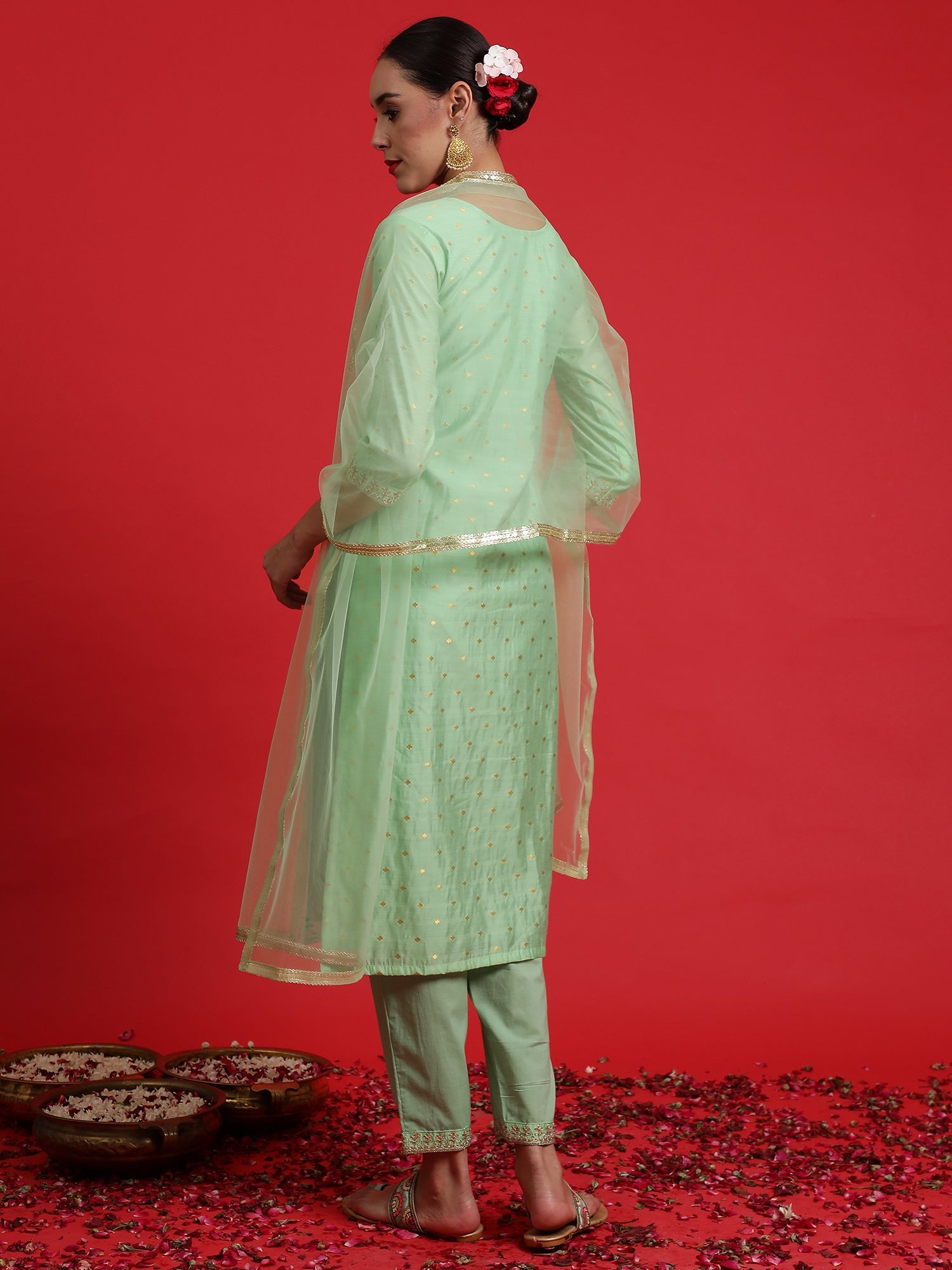 Indo Era Green Embroidered Straight Kurta Trousers With Dupatta Set | Grocsy