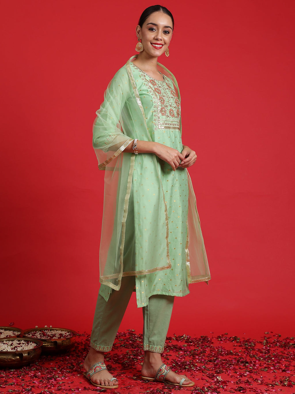 Indo Era Green Embroidered Straight Kurta Trousers With Dupatta Set | Grocsy