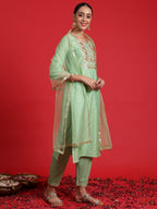 Indo Era Green Embroidered Straight Kurta Trousers With Dupatta Set | Grocsy