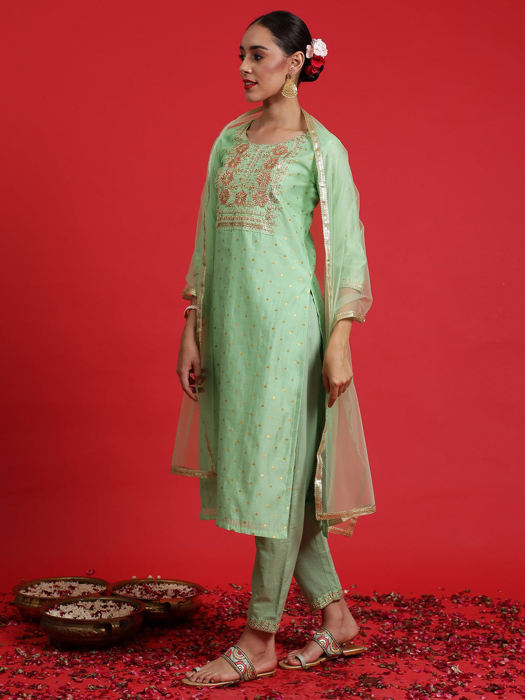 Indo Era Green Embroidered Straight Kurta Trousers With Dupatta Set | Grocsy