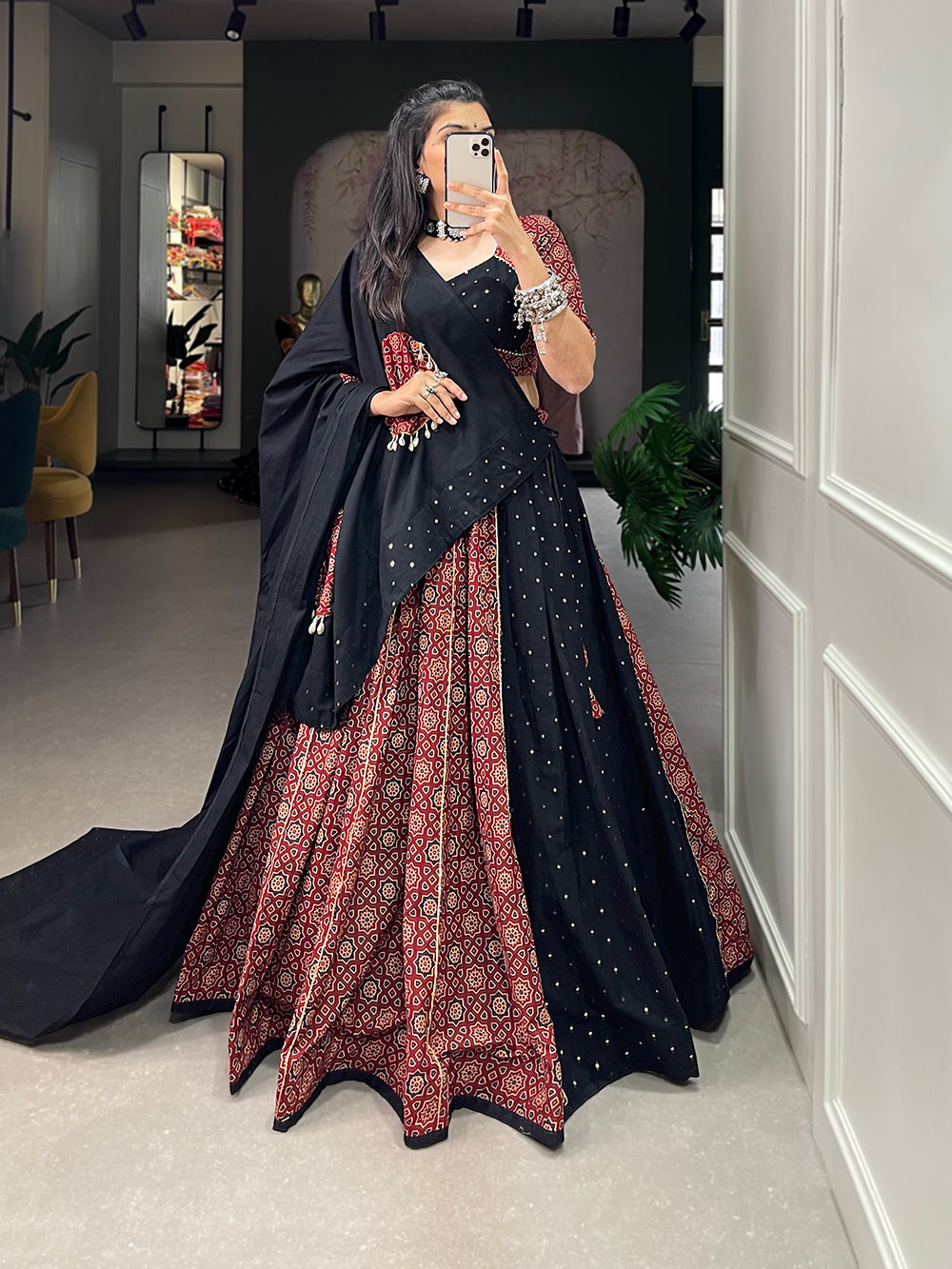 Lorenvalley Pure Cotton Printed And Over All Mirror Work With Gotta Patti Touchup Lehenga Choli with Dupatta | Grocsy