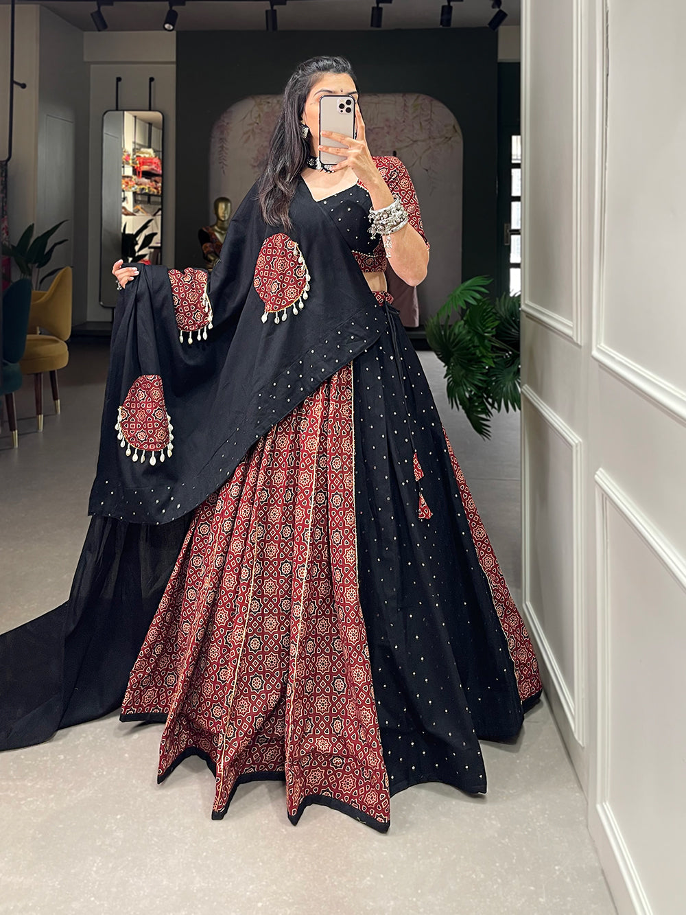 Lorenvalley Pure Cotton Printed And Over All Mirror Work With Gotta Patti Touchup Lehenga Choli with Dupatta | Grocsy