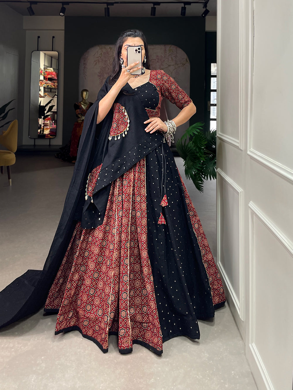 Lorenvalley Pure Cotton Printed And Over All Mirror Work With Gotta Patti Touchup Lehenga Choli with Dupatta | Grocsy