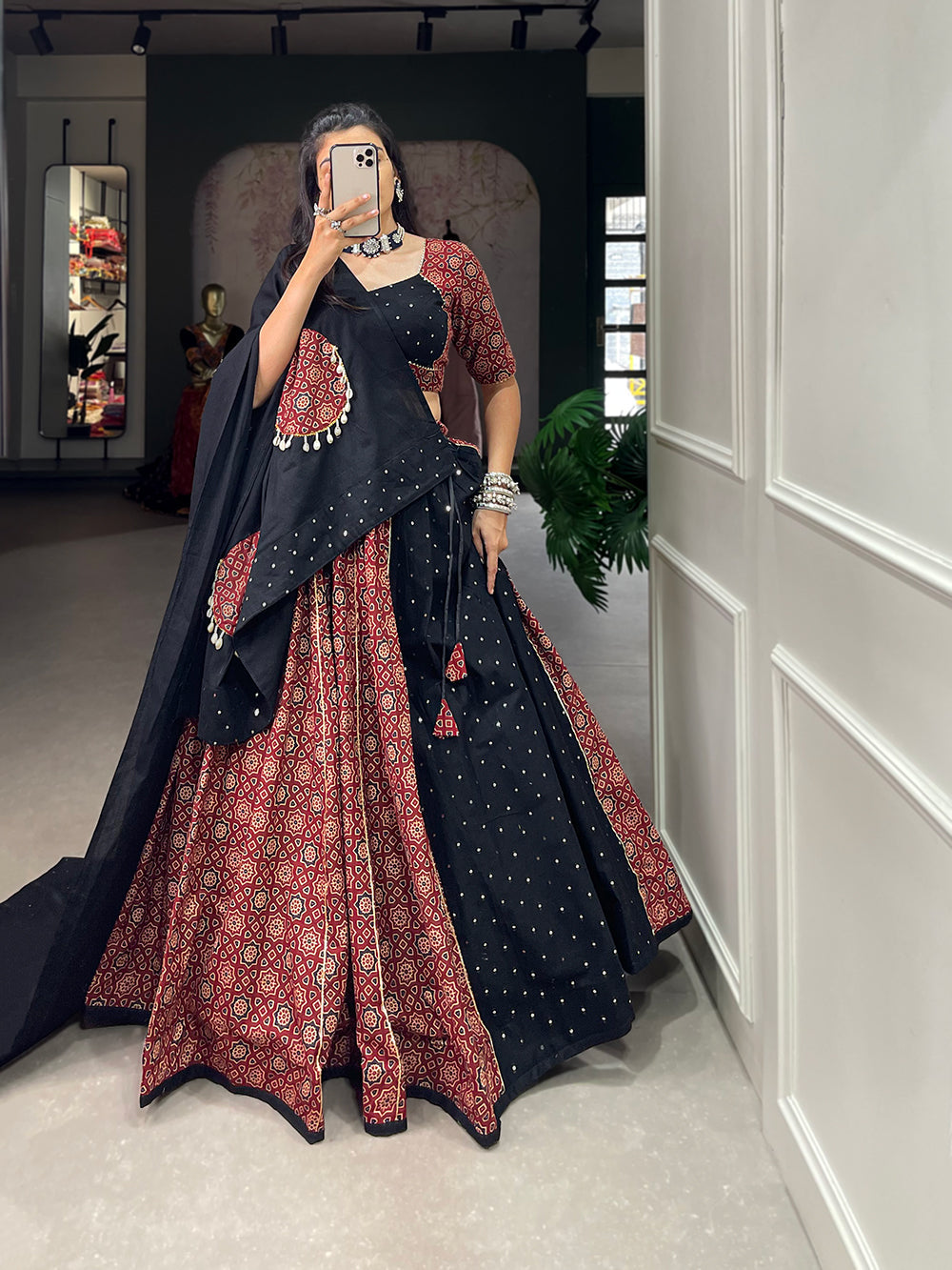 Lorenvalley Pure Cotton Printed And Over All Mirror Work With Gotta Patti Touchup Lehenga Choli with Dupatta | Grocsy