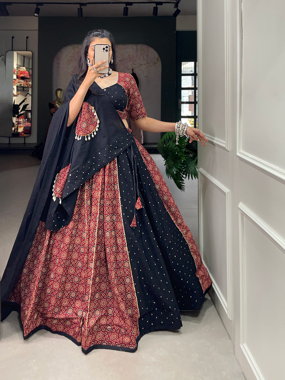 Lorenvalley Pure Cotton Printed And Over All Mirror Work With Gotta Patti Touchup Lehenga Choli with Dupatta | Grocsy