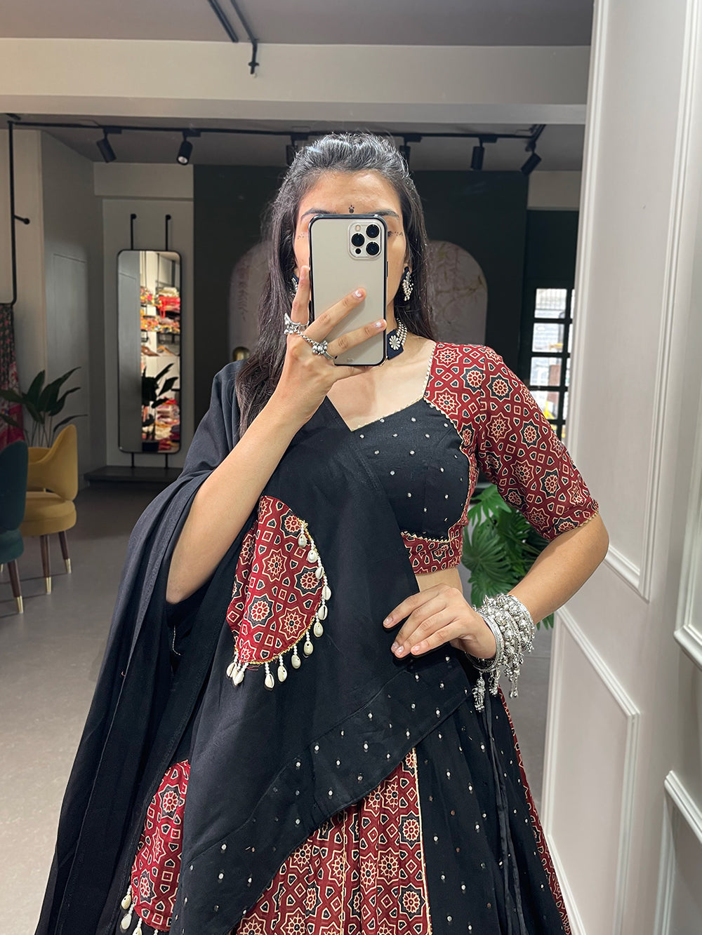 Lorenvalley Pure Cotton Printed And Over All Mirror Work With Gotta Patti Touchup Lehenga Choli with Dupatta | Grocsy