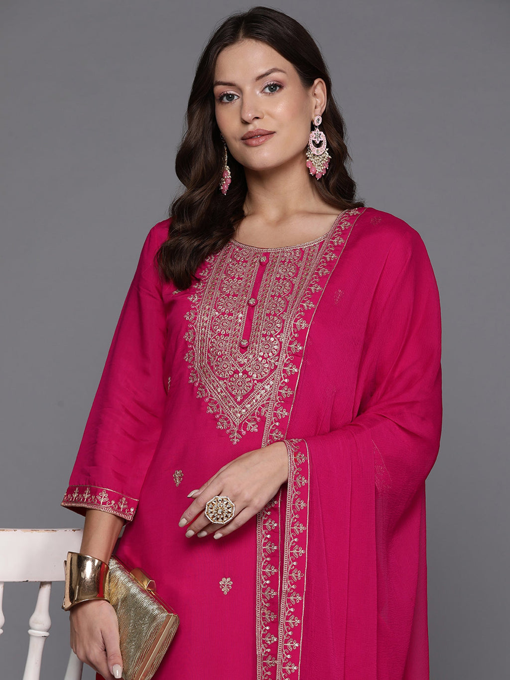 Indo Era Pink Embroidered Straight Kurta Trousers With Dupatta Set | Grocsy
