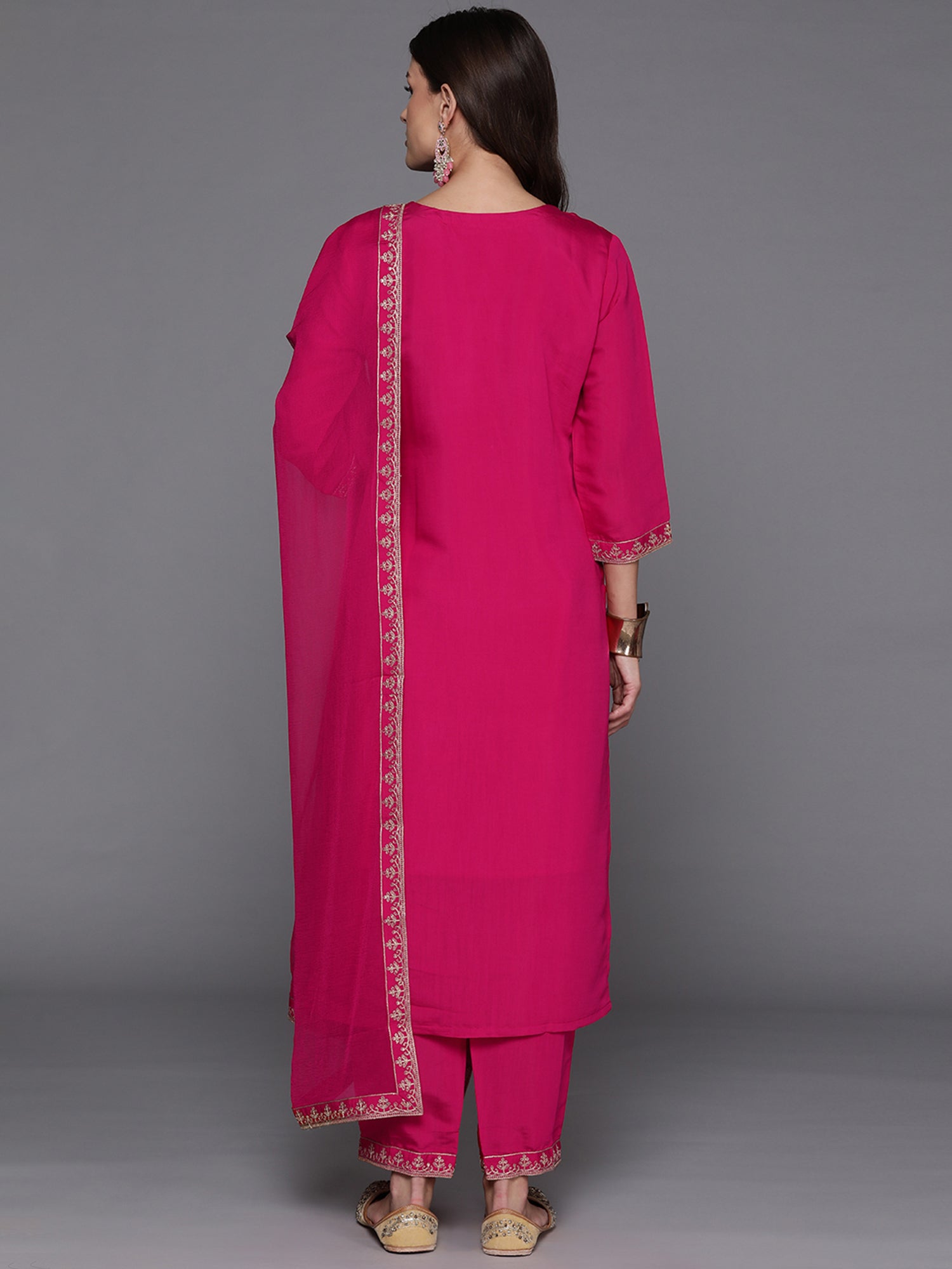 Indo Era Pink Embroidered Straight Kurta Trousers With Dupatta Set | Grocsy