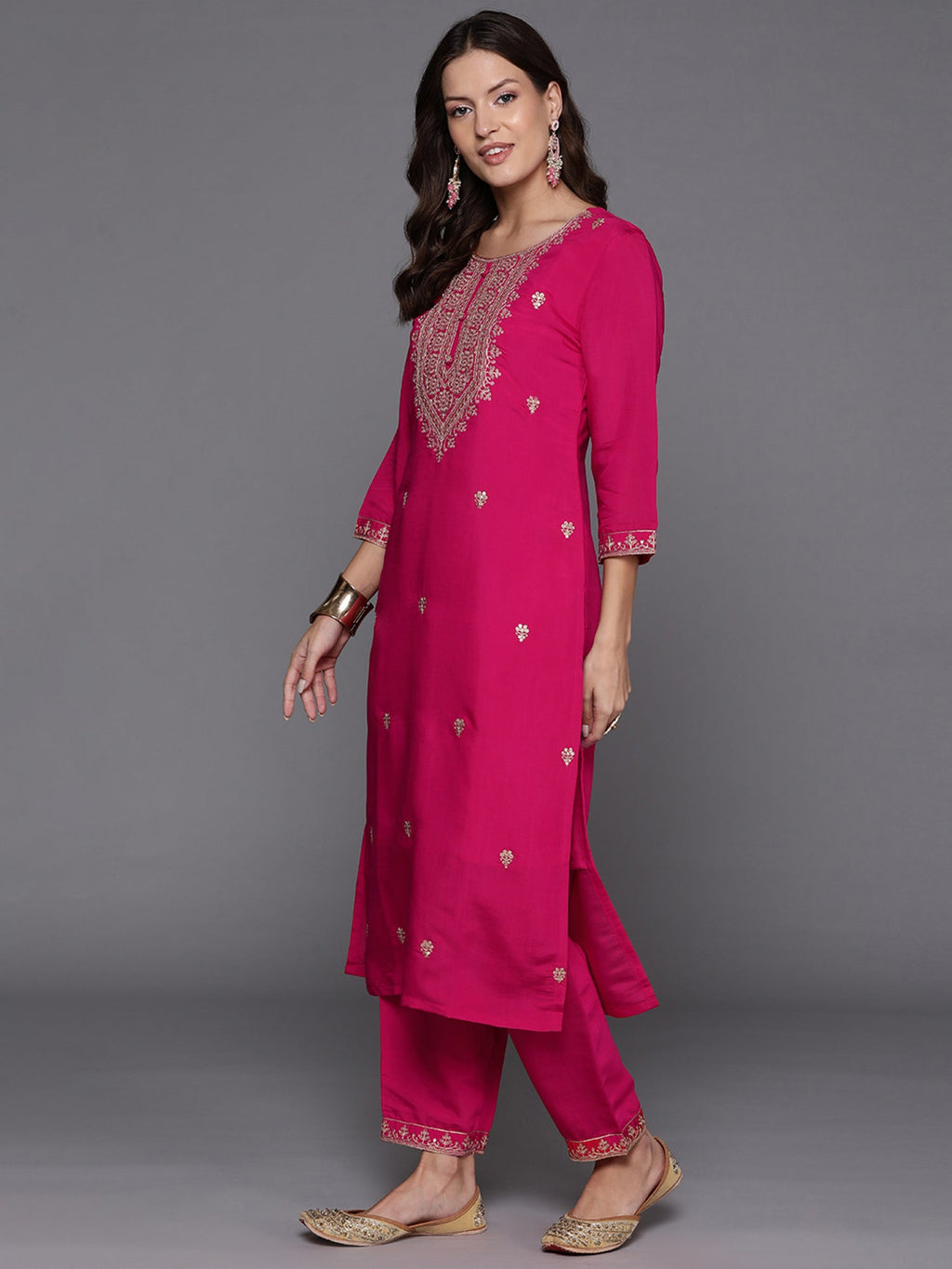 Indo Era Pink Embroidered Straight Kurta Trousers With Dupatta Set | Grocsy