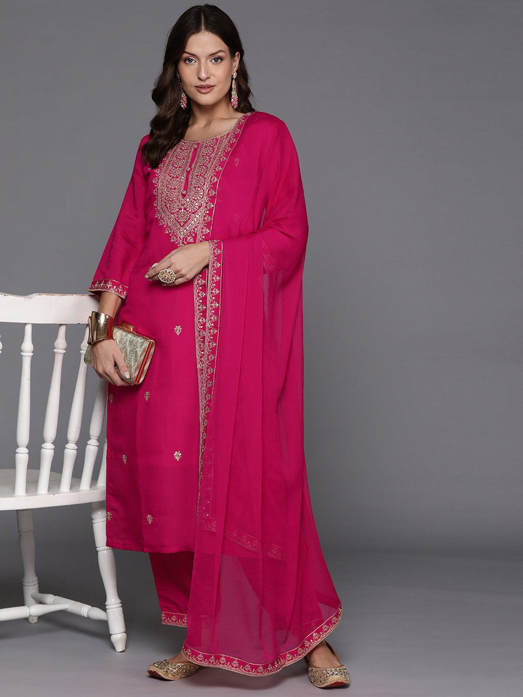 Indo Era Pink Embroidered Straight Kurta Trousers With Dupatta Set | Grocsy