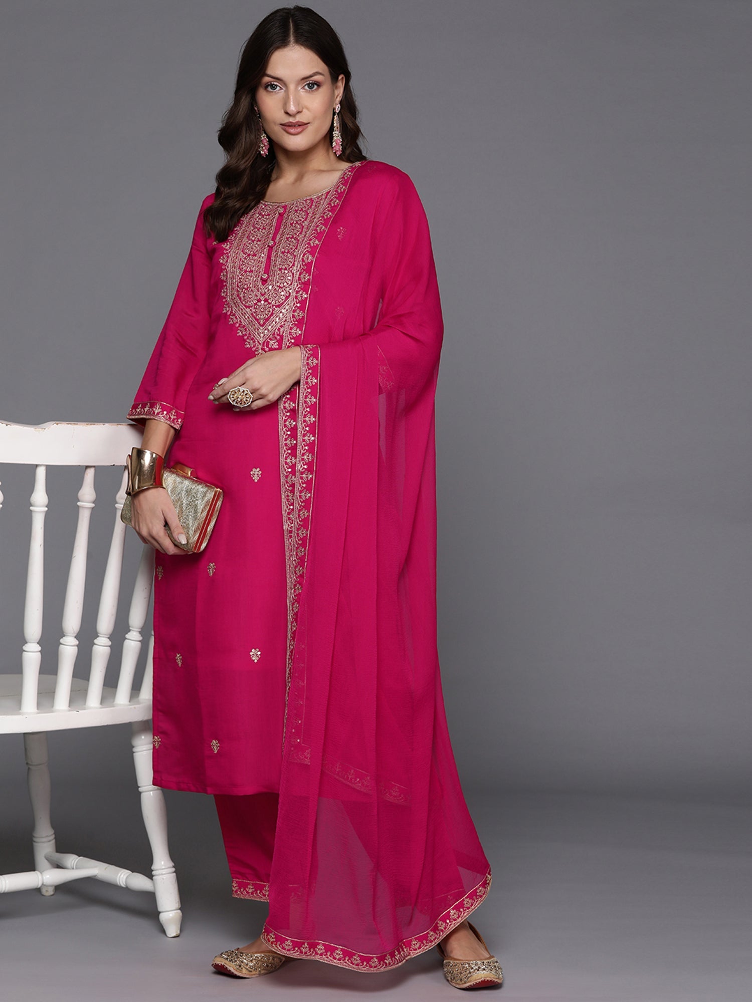 Indo Era Pink Embroidered Straight Kurta Trousers With Dupatta Set | Grocsy