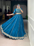 Lorenvalley Fashion Firozi Chiffon Bandhej Print with Sequins and Gotta Patti Lace Touch Up Lehenga Choli | Grocsy