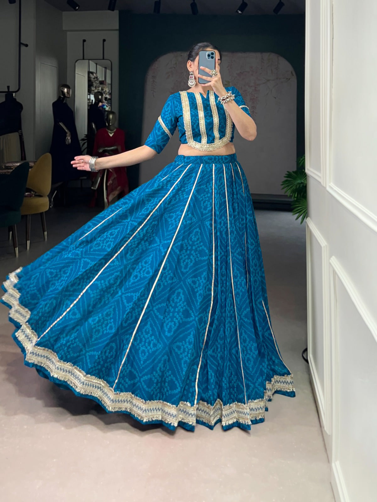 Lorenvalley Fashion Firozi Chiffon Bandhej Print with Sequins and Gotta Patti Lace Touch Up Lehenga Choli | Grocsy