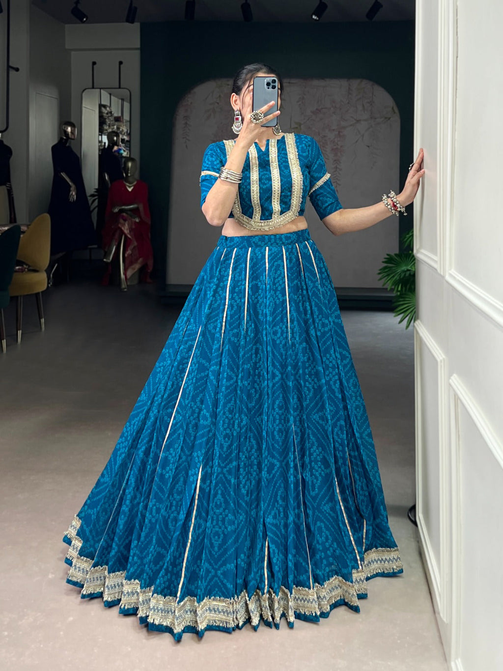Lorenvalley Fashion Firozi Chiffon Bandhej Print with Sequins and Gotta Patti Lace Touch Up Lehenga Choli | Grocsy
