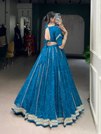 Lorenvalley Fashion Firozi Chiffon Bandhej Print with Sequins and Gotta Patti Lace Touch Up Lehenga Choli | Grocsy